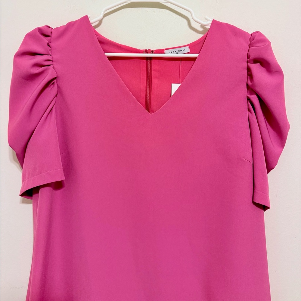 Lida Kate Pink Puff Sleeve Ruffle Hem Mini Dress | Size L | NWT - Picture 3 of 9